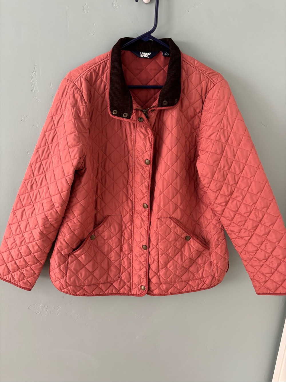 Lands' End Quilted Coral Puffer Jacket with Brown Corduroy Collar - Picture 2 of 5